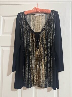 Liz Claiborne Black Tunic Top with Gold and Cream Stripe Detail
